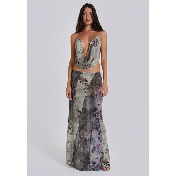NWT Jaded London Asteria Pannelled Maxi Skirt Long Flowy Green Floral Revolve 6 - Picture 3 of 13